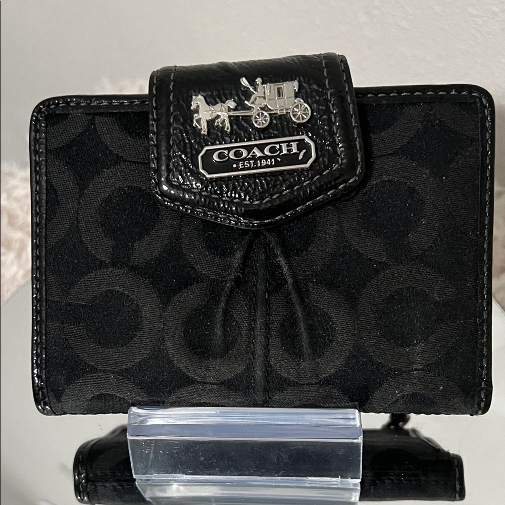 Coach Black Signature Compact Wallet with Silver Coach Emblem